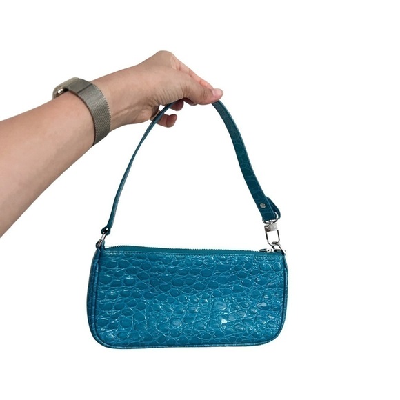 BY FAR Rachel Small Leather Croc-Embossed Shoulder Bag Blue - Picture 3 of 8